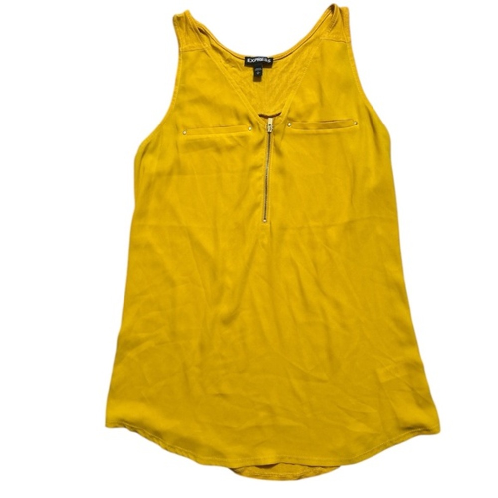 Express Women Top Small Yellow Chiffon Blend Sleeveless 1/4 Zip Tank Blouse.